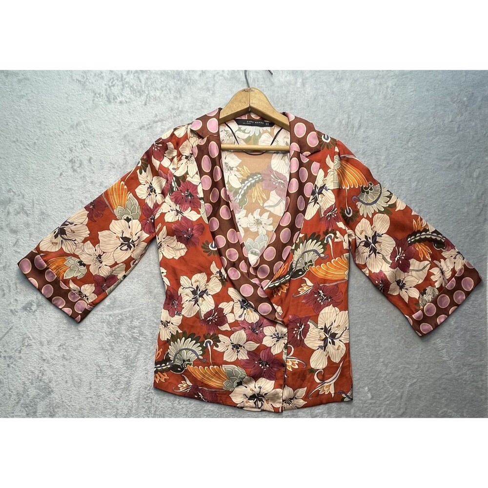 Zara Women's XS SILK/SATIN Boho KIMONO Floral Wrap Blouse / Top
